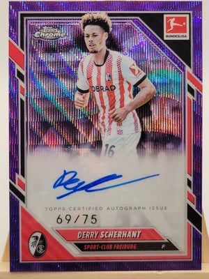 2025-26 Topps Chrome Bundesliga Derry Scherhant Purple Wave trading card, front