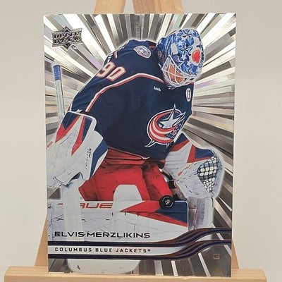 2025 Upper Deck Series 2 Hockey Outburst Elvis Merzlikins trading card, front