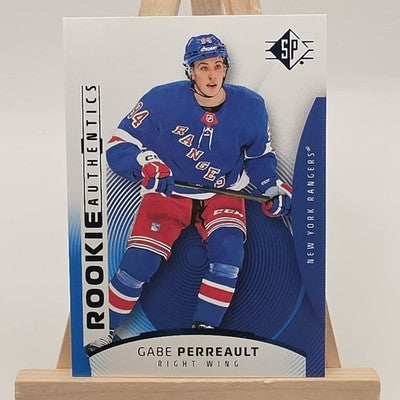 2025 Upper Deck SP Hockey Rookie Authentics Gabe Perreault Blue trading card, front