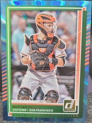 2025 Panini Donruss Buster Posey Carolina Blue Lazer trading card, front