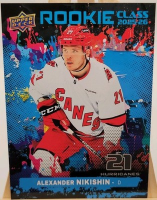 2025 Upper Deck Series 2 Hockey Rookie Class Alexander Nikishin Blue trading card, front