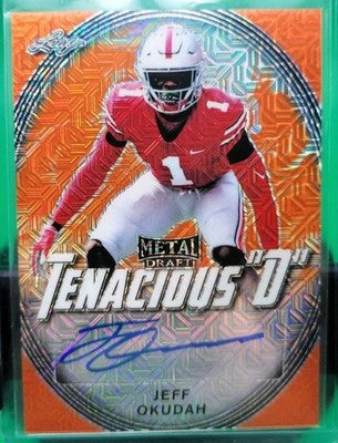 2020 Leaf Jeff Okudah Orange Mojo trading card, front