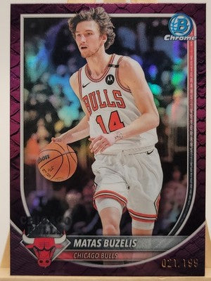 2025-26 Bowman Matas Buzelis purple reptilian trading card, front