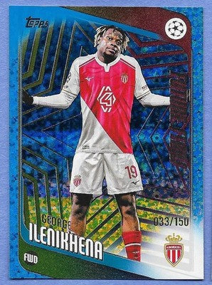 2025 Topps UEFA Club Competitions George Ilenikhena Blue Holo trading card, front