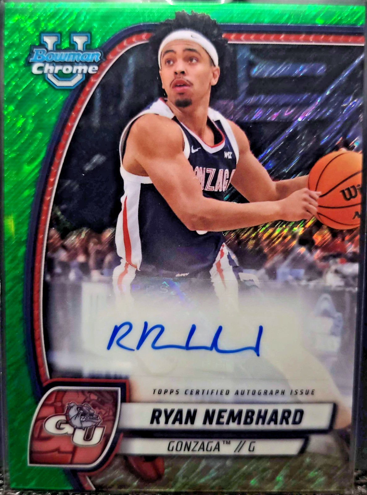 2024-25 Topps Bowman Ryan Nembhard Green Shimmer Refractor trading card, front